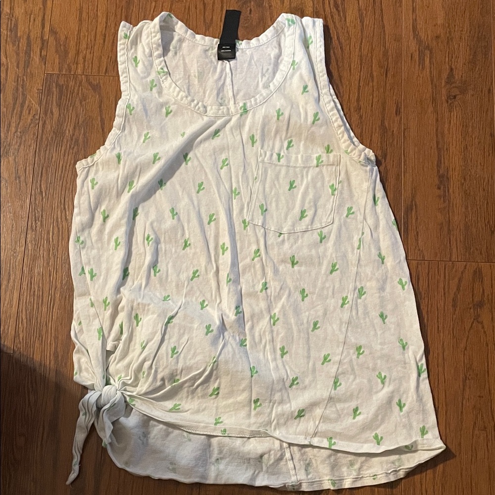 bobi White Tank Top with Green Cactus Print